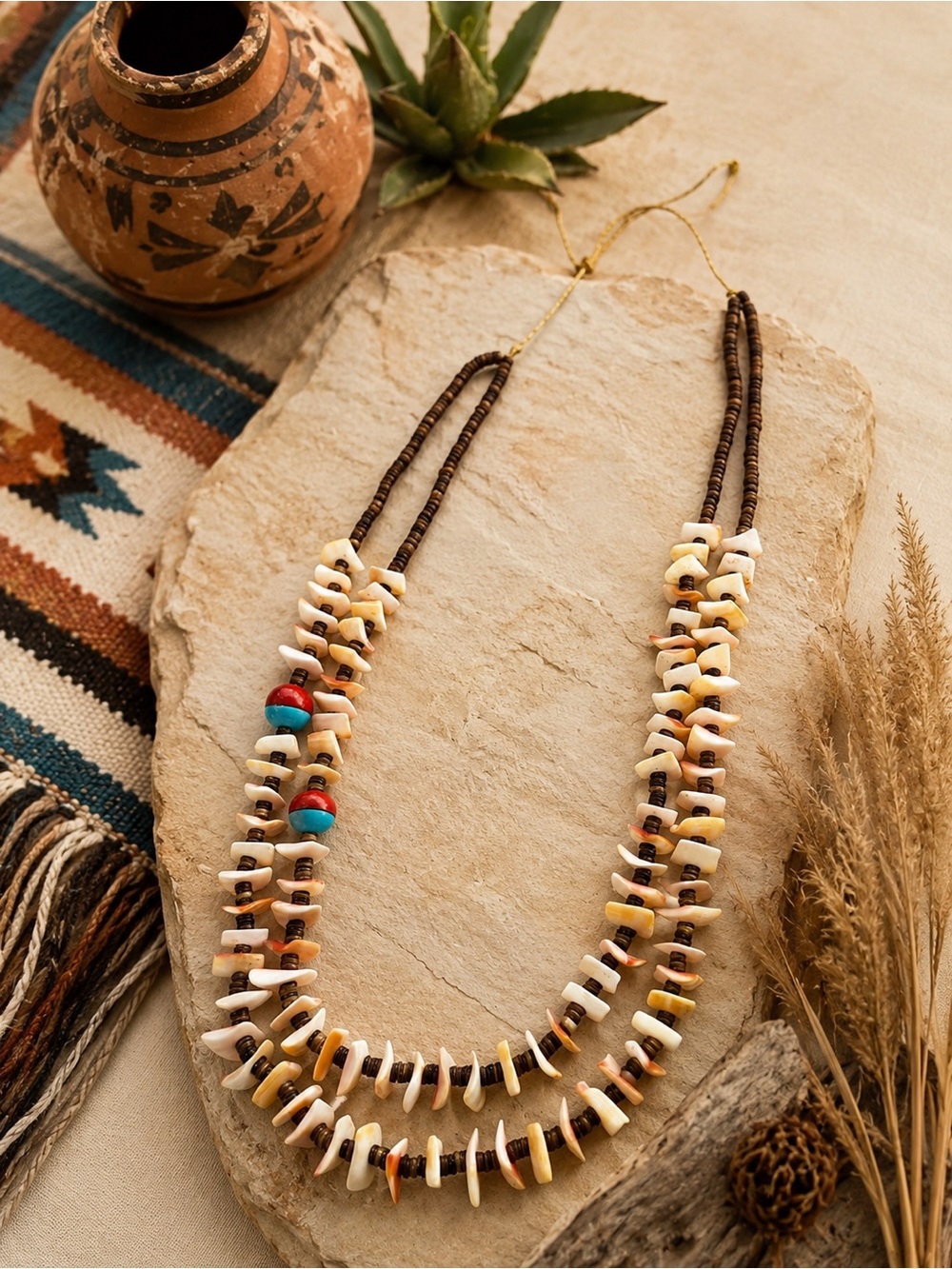 SANTO DOMINGO KEWA OLIVE SHELL SPINY OYSTER TURQUOISE CORAL 2 STRAND NECKLACE